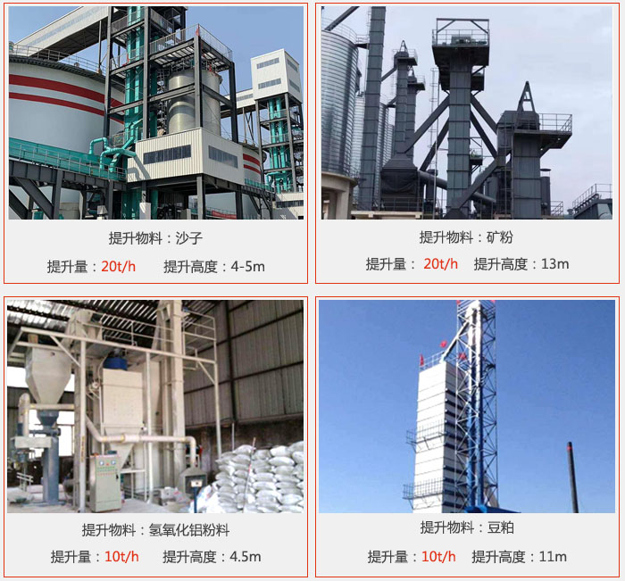 斗式提升机用户使用现场图片：提升沙子提升量：20t/h提升高度：4-5m提升物料：矿粉提升量：20t/h提升高度：13m提升物料：氢氧化铝粉料 提升量：10t/h提升高度：4-5m提升物料：豆粕提升量：10t/h提升高度：11m
